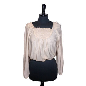 Alya Peasant Top Short Blouson Crop Embroidered Crochet Cream Off White S